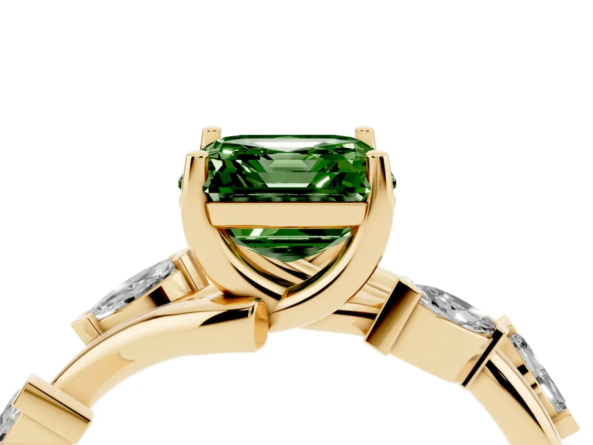 Fancy Green Asscher Cut Solitaire Twisted Band Marquise Accent Prong Setting Ring Yellow gold
