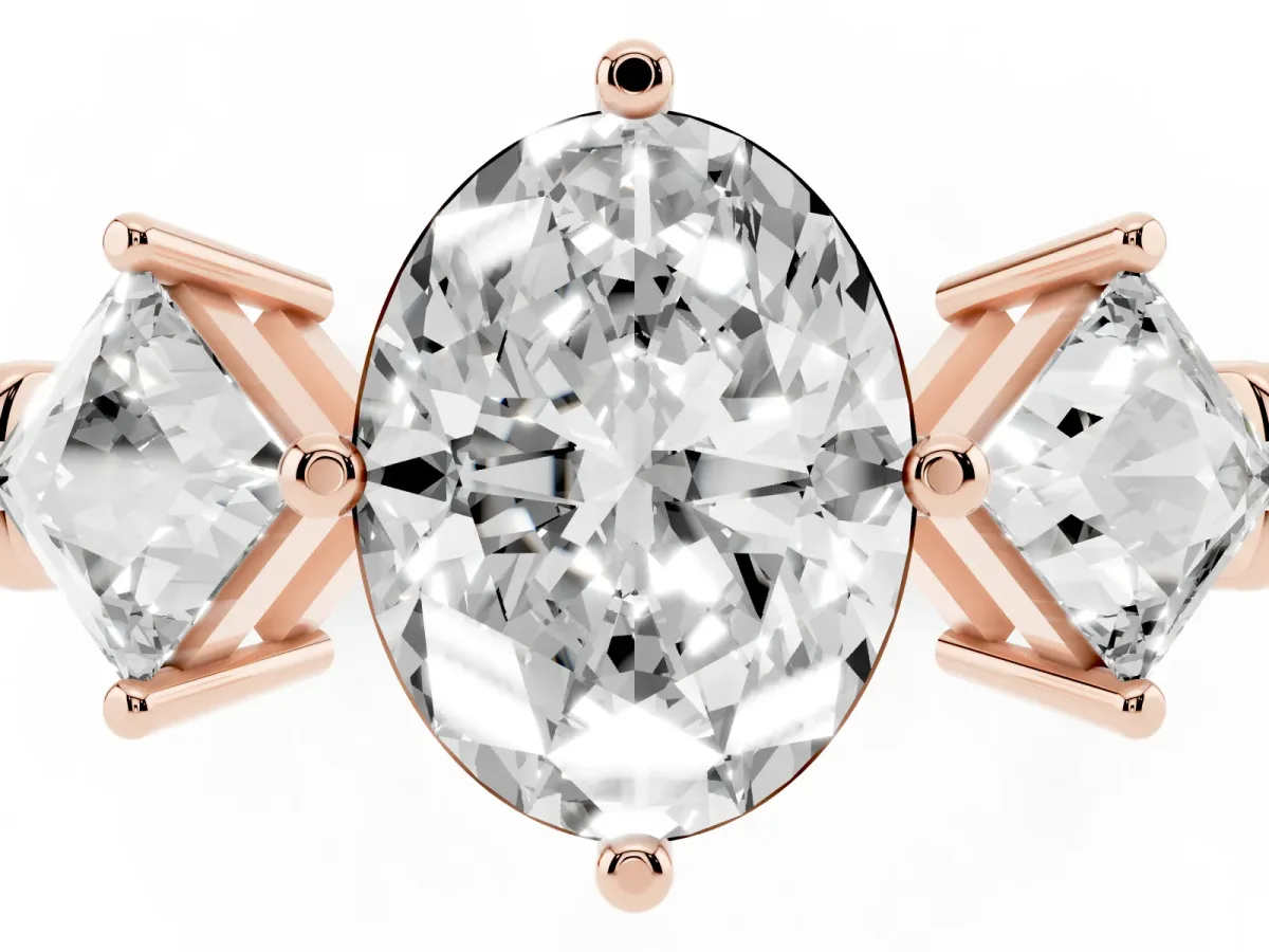 Three-Stone Oval Cut and Princess Cut Diamond Ring with Channel Band and Four-Prong Setting Rose gold