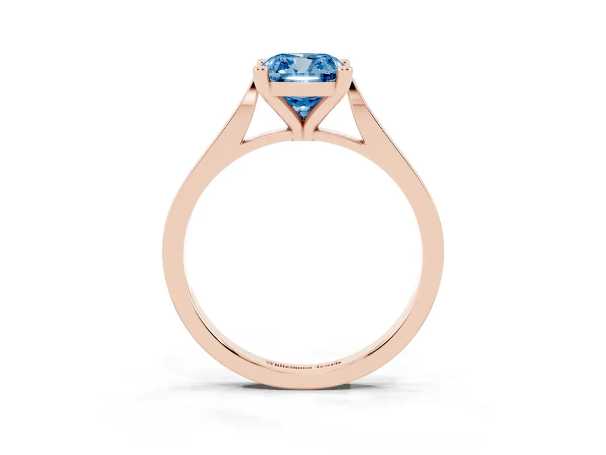 Fancy Blue Cushion Cut Solitaire Diamond Ring with Four-Prong Setting and Tapered Band Rose gold