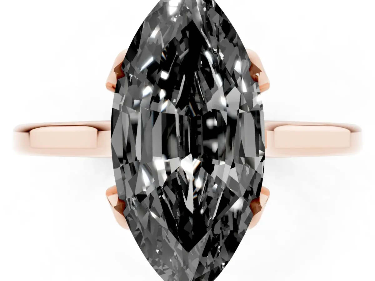 Fancy Black Marquise Cut Diamond Solitaire Ring with Flower Prong Setting and Classic Band Rose gold