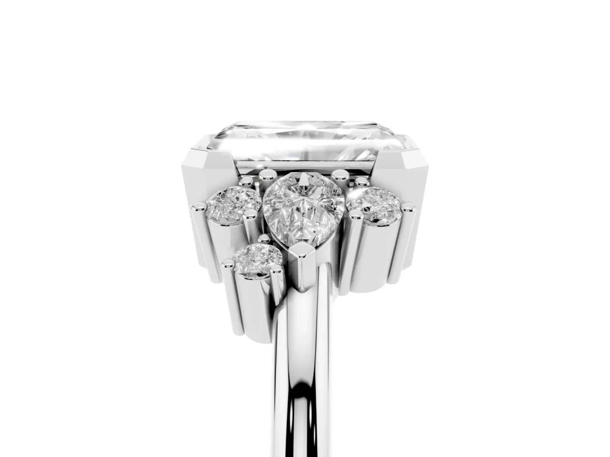 Radiant Diamond Engagement Ring with Pear and Round Side Stones Platinum
