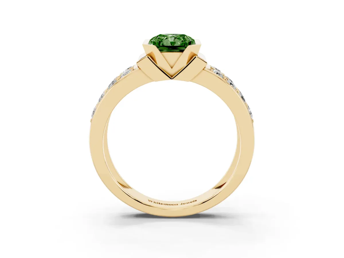 Fancy Green Radiant Cut Brilliant Diamond Channel Set Wide Band Ring with Bezel Setting Yellow gold