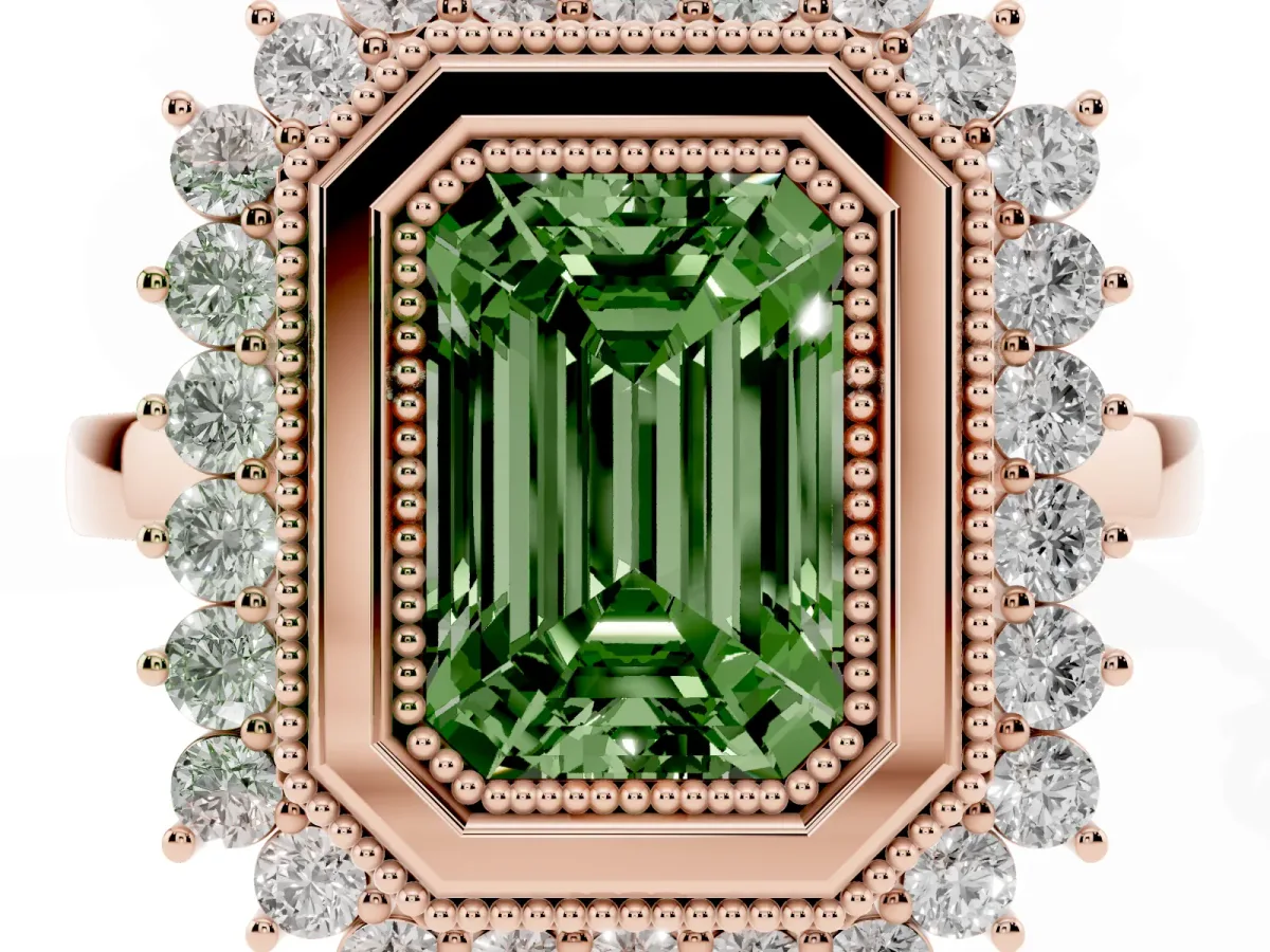 Fancy Green Emerald Cut Halo Diamond Ring with Milgrain Edge and Round Prong Setting Rose gold