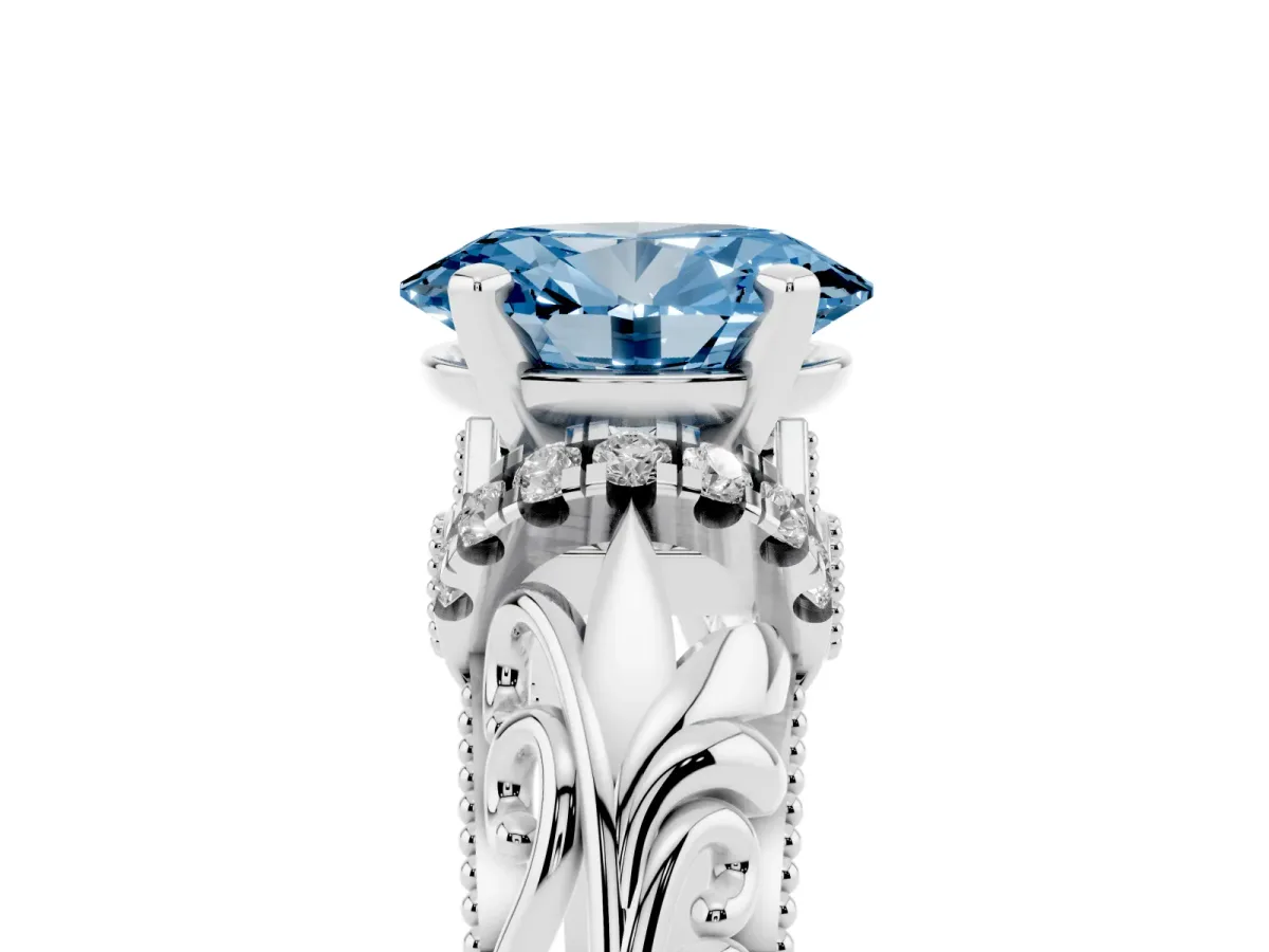 Fancy Blue Oval Cut Solitaire Filigree Engagement Ring with Halo and Prong Setting Silver