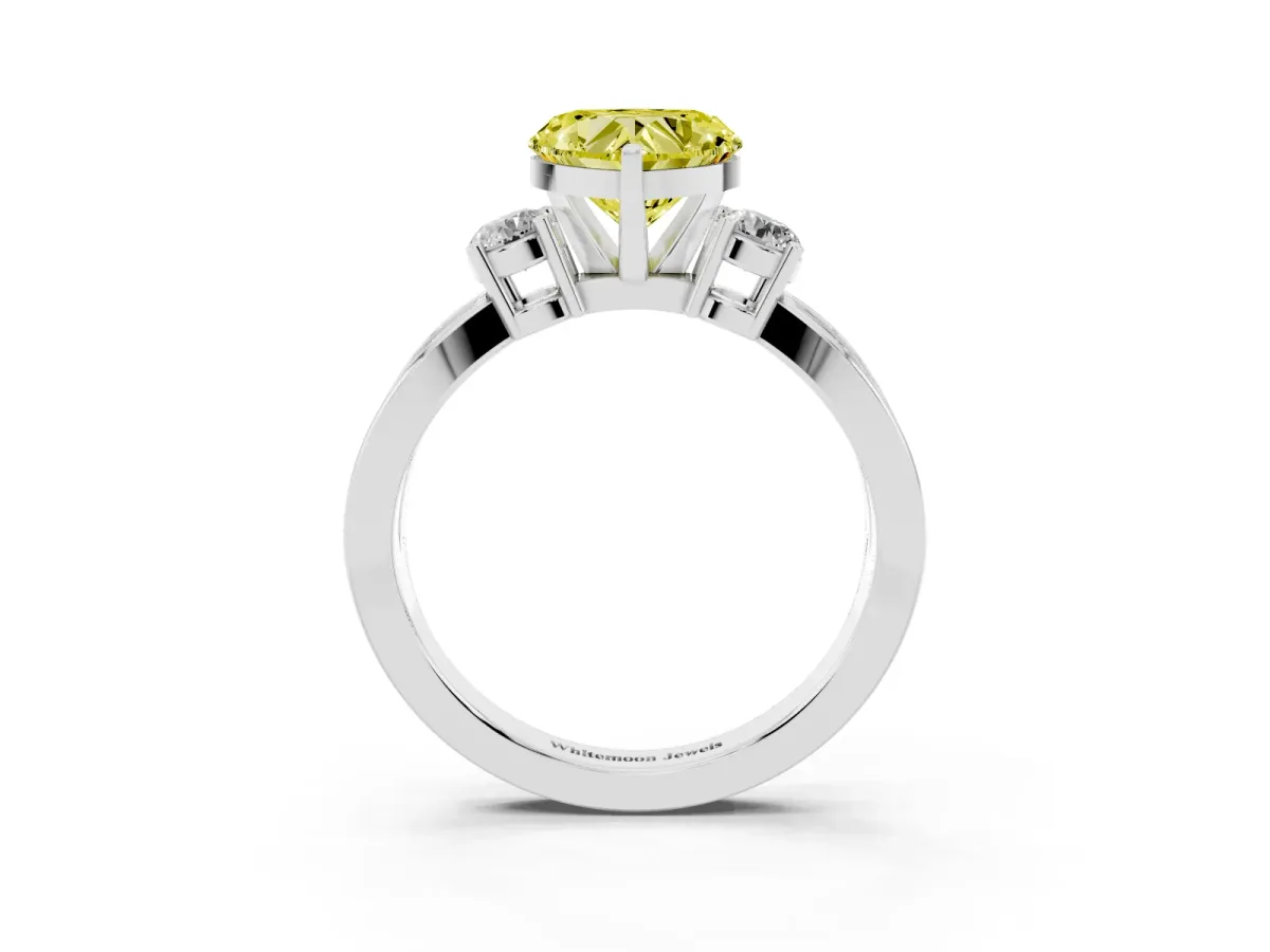 Fancy Yellow Three-Stone Heart Cut Cut Diamond Twist Band with Prong Setting Platinum