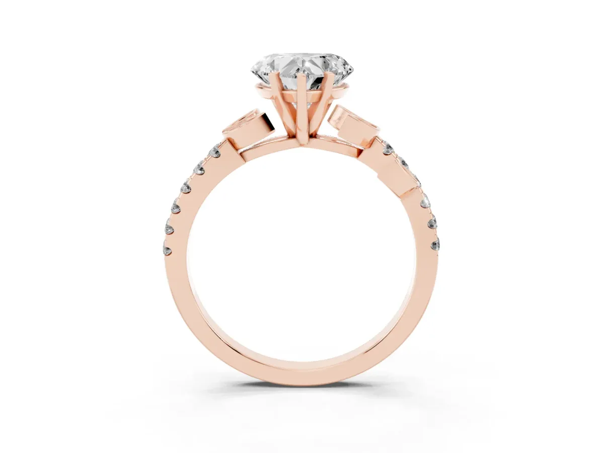 Heart Cut Solitaire Leaf-Inspired Diamond Ring with Pavé Band and Four-Prong Setting Rose gold