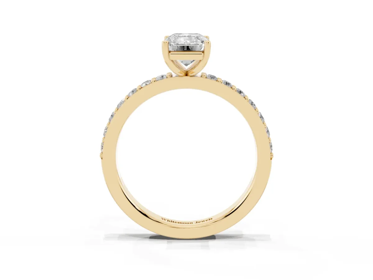 Emerald Cut Cut Diamond Solitaire with Pave Band and Four-Prong Setting Yellow gold
