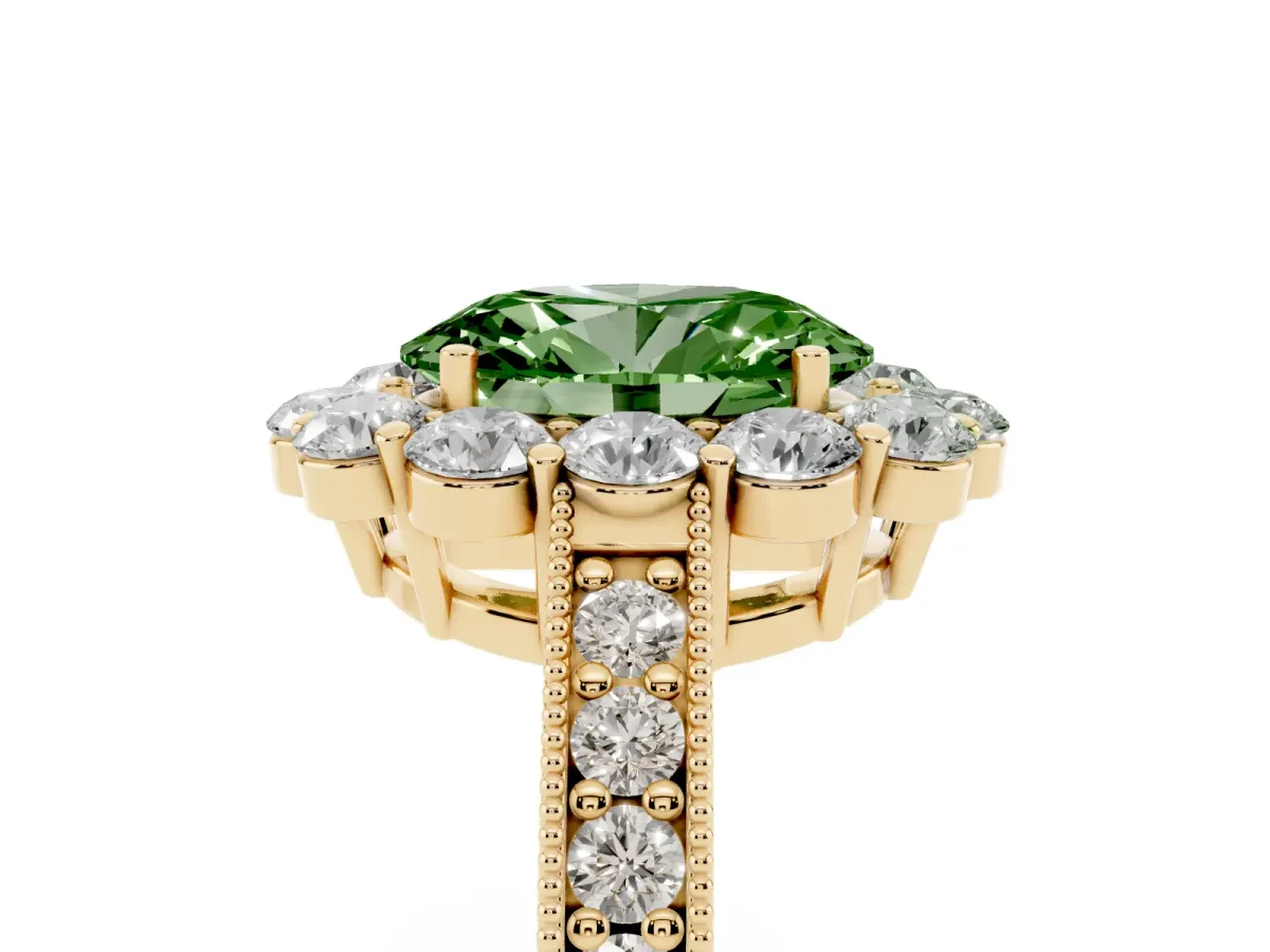 Fancy Green Oval Cut Cut Halo Diamond Pavé Engagement Ring with Milgrain Detailing Yellow gold