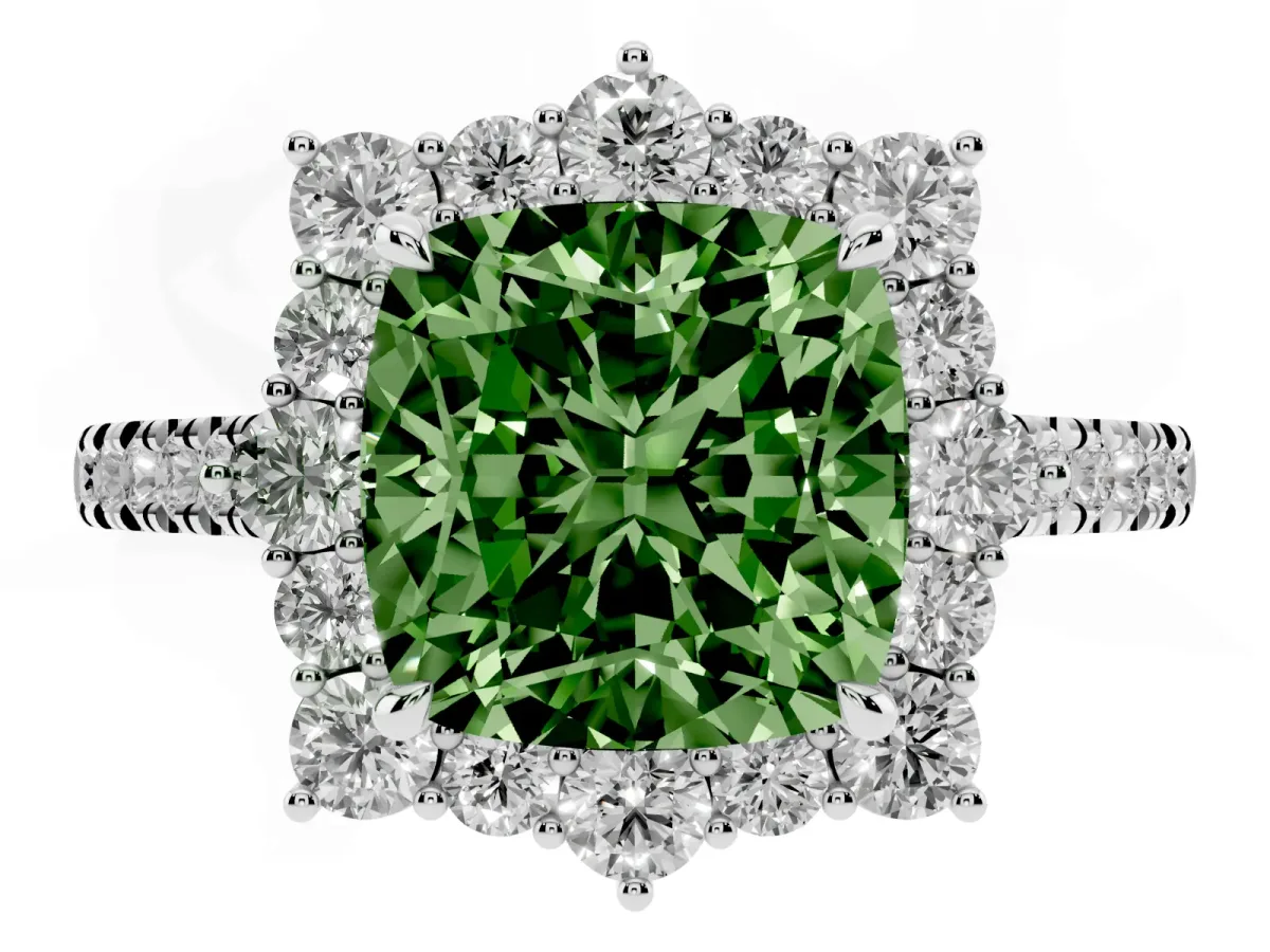 Fancy Green Cushion Cut Halo Diamond Ring with Pavé Band and Prong Setting Silver