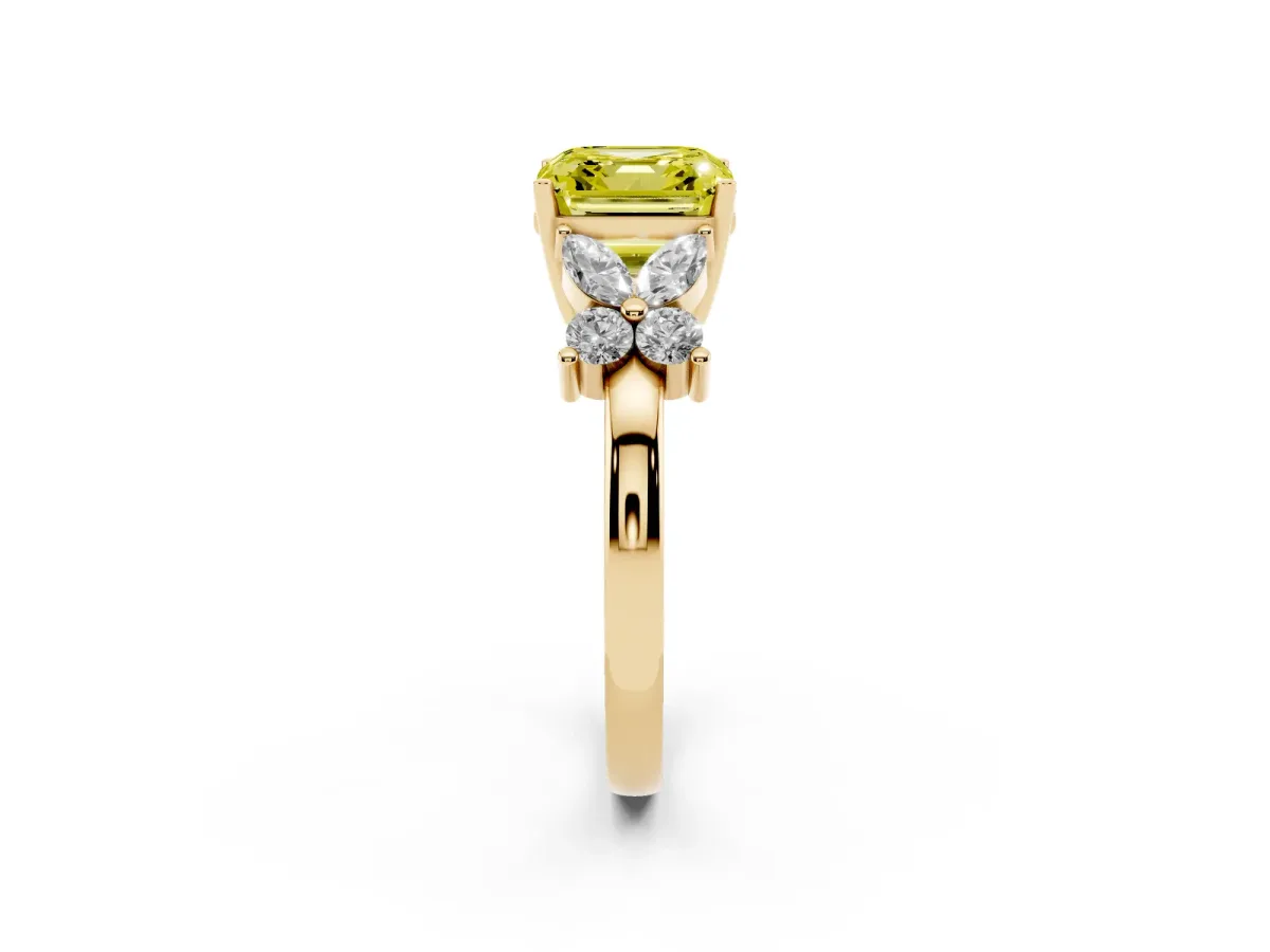 Fancy Yellow Asscher Cut Diamond Floral Cluster Ring with Solitaire Band and Prong Setting Yellow gold