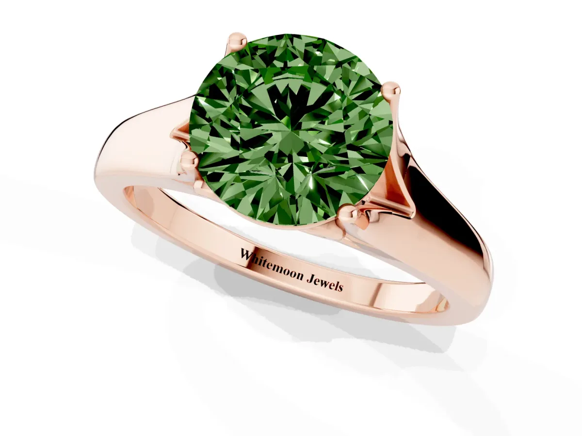 Fancy Green Round Cut Solitaire Diamond Ring with Cathedral Band and Four-Prong Setting Rose gold