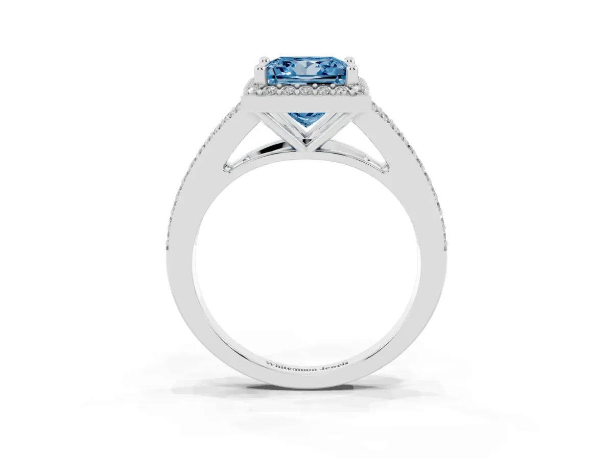 Fancy Blue Princess Cut Halo Split Shank Pave Diamond Ring with Four-Prong Setting Silver