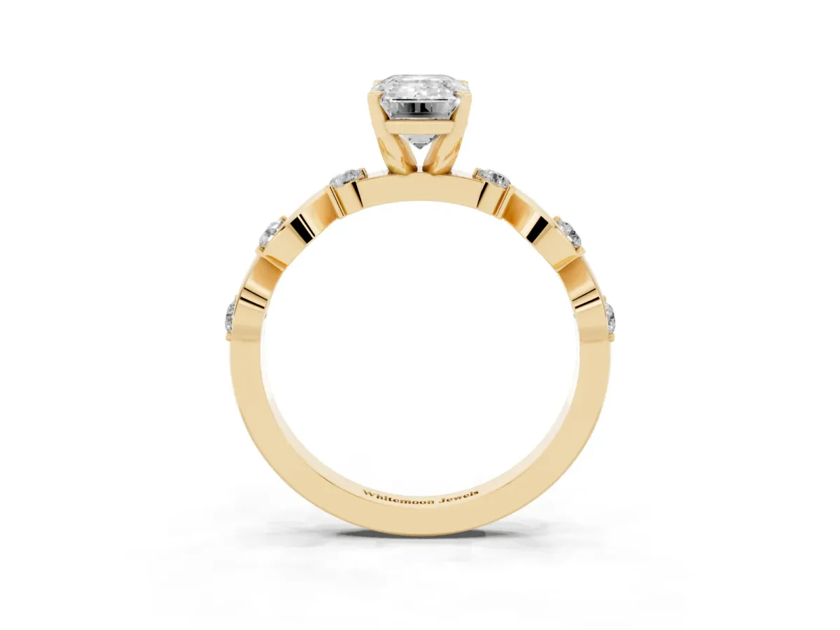 Emerald Cut Diamond Solitaire Twisted Band with Round Accents and Prong Setting Yellow gold