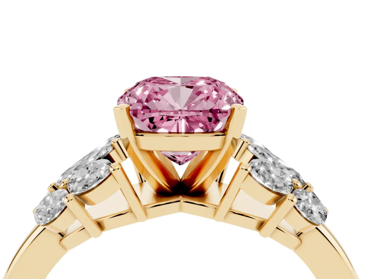 Fancy Pink Cushion Cut Diamond Cluster Leaf Design Ring with Prong Setting Yellow gold