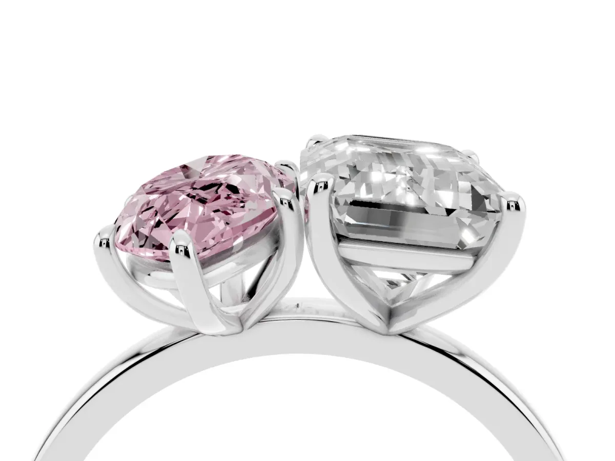Fancy Pink Marquise Cut and Emerald Cut Toi Moi Ring with Prong Setting Silver