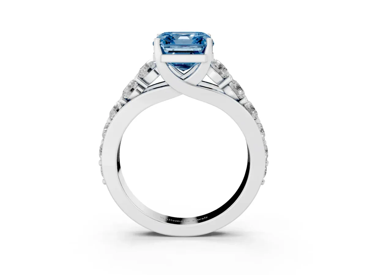 Fancy Blue Asscher Cut Diamond Engagement Ring with Pavé Band and Four-Prong Setting Silver