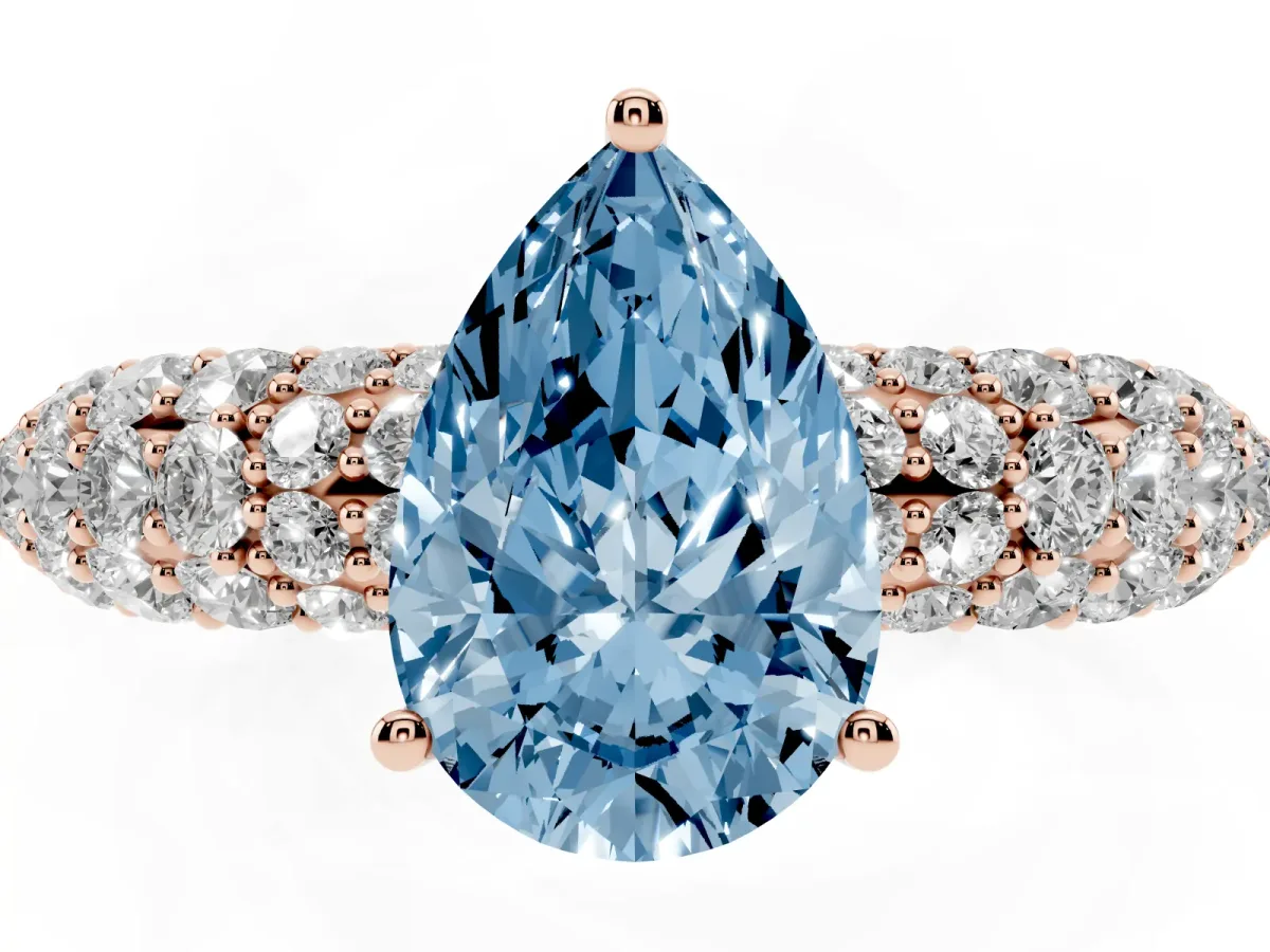 Fancy Blue Pear Cut Diamond Pavé Band Solitaire Ring with Four-Prong Setting Rose gold