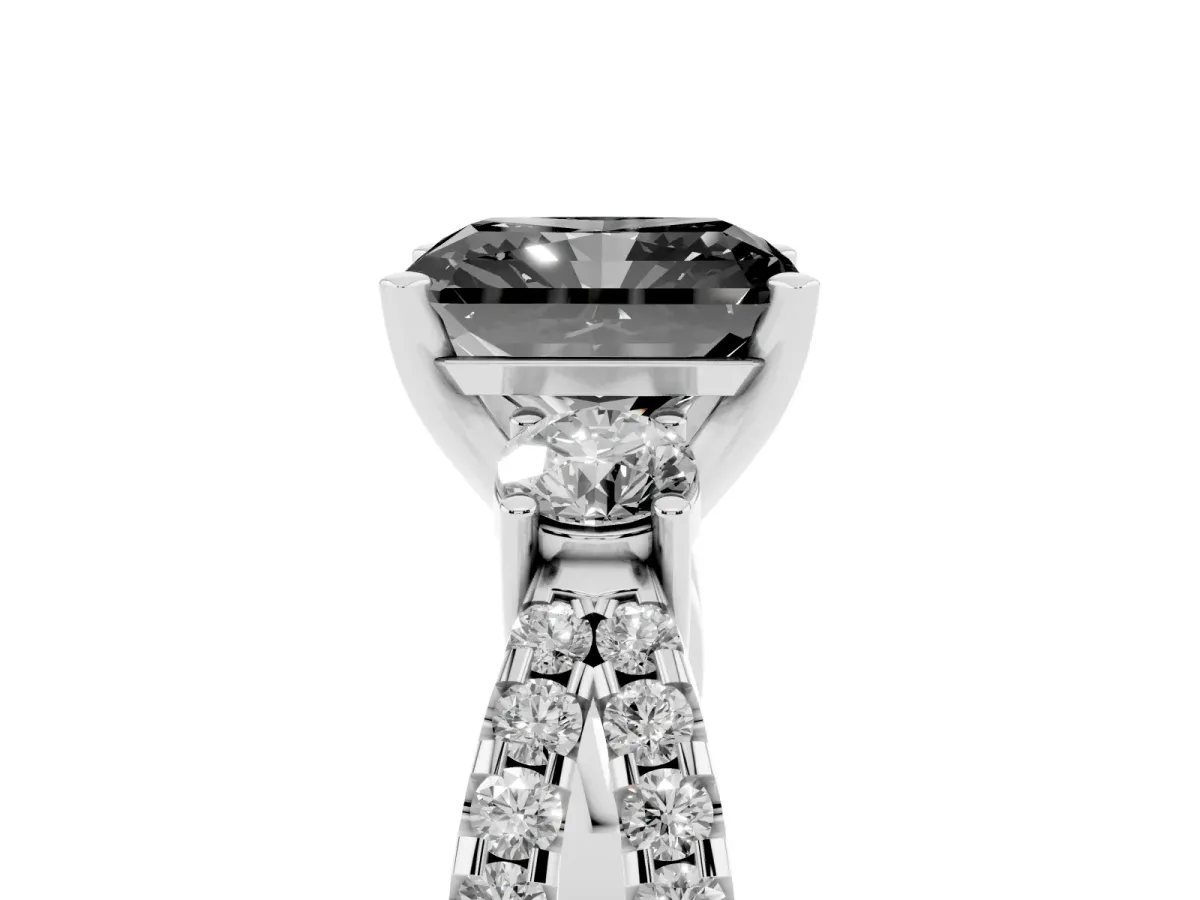 Fancy Black Radiant Cut Diamond Three-Stone Ring with Pavé Split Shank and Four-Prong Setting Silver