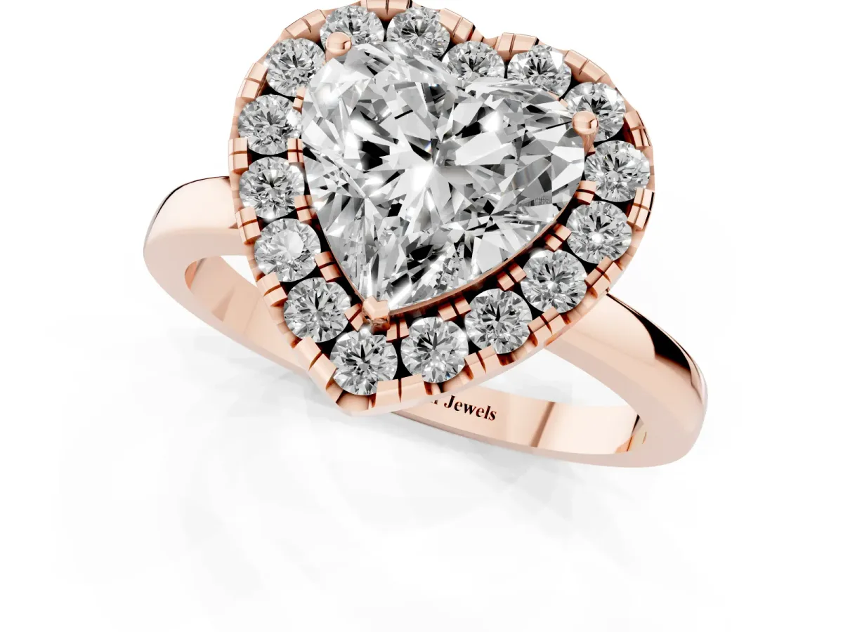 Heart Cut Halo Diamond Solitaire with Pavé Band and Four-Prong Setting Rose gold