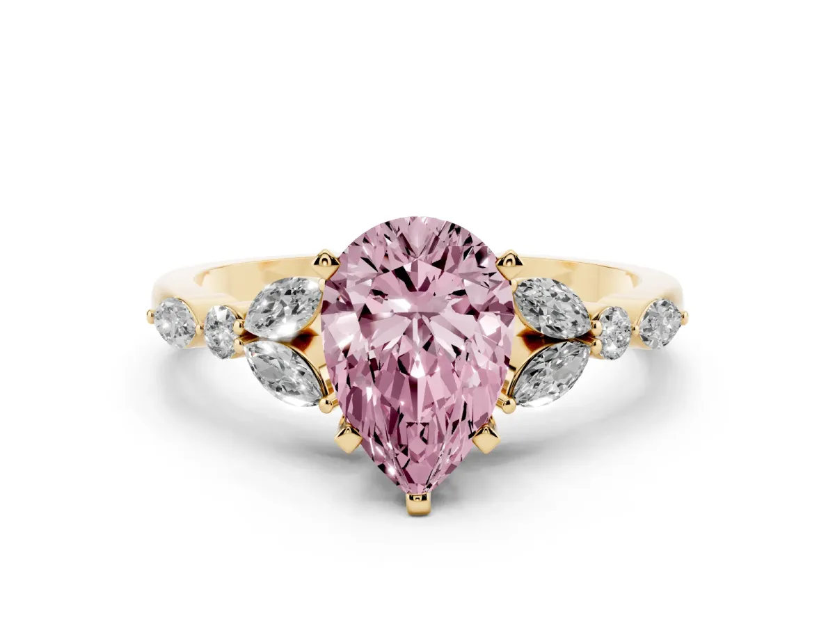 Fancy Pink Pear Cut Diamond Solitaire Ring with Side Stones and Four-Prong Setting Yellow gold