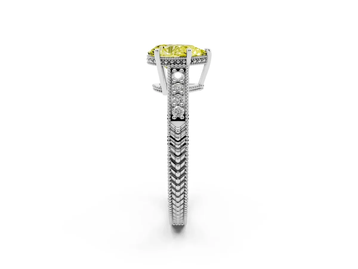 Fancy Yellow Pear Cut Solitaire Pavé Diamond Milgrain Engagement Ring with Four-Prong Setting Silver