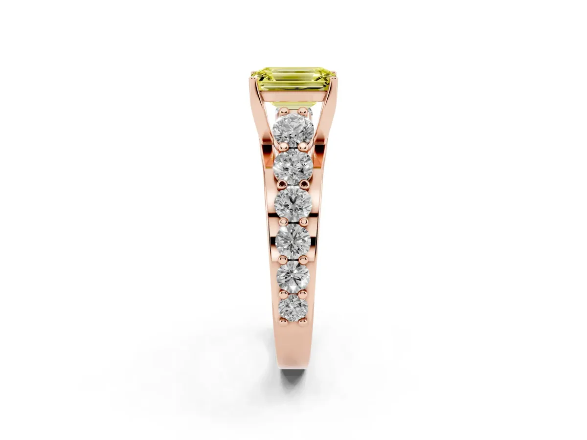 Fancy Yellow Emerald Cut Diamond Engagement Ring with Pavé Band and Four-Prong Setting Rose gold