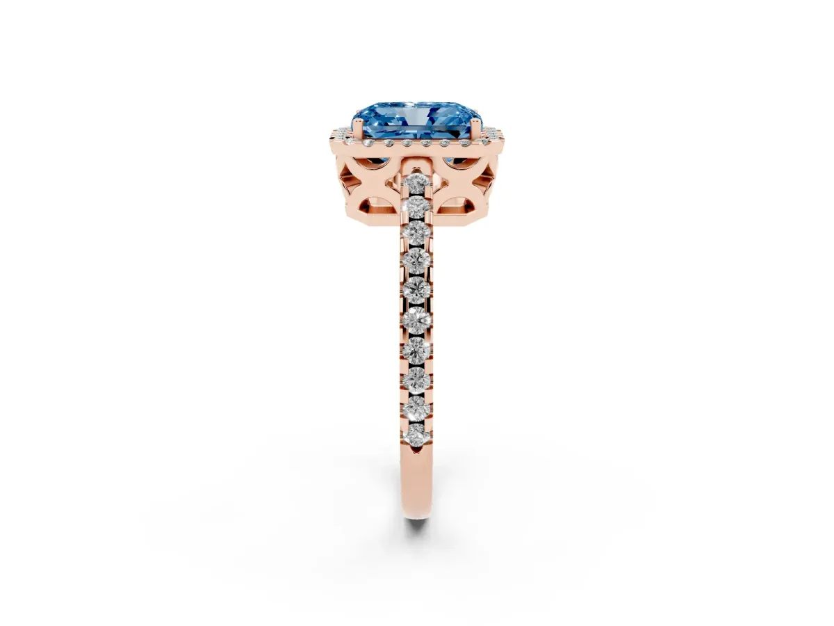 Fancy Blue Radiant Cut Diamond Halo Engagement Ring with Pavé Band and Prong Setting Rose gold