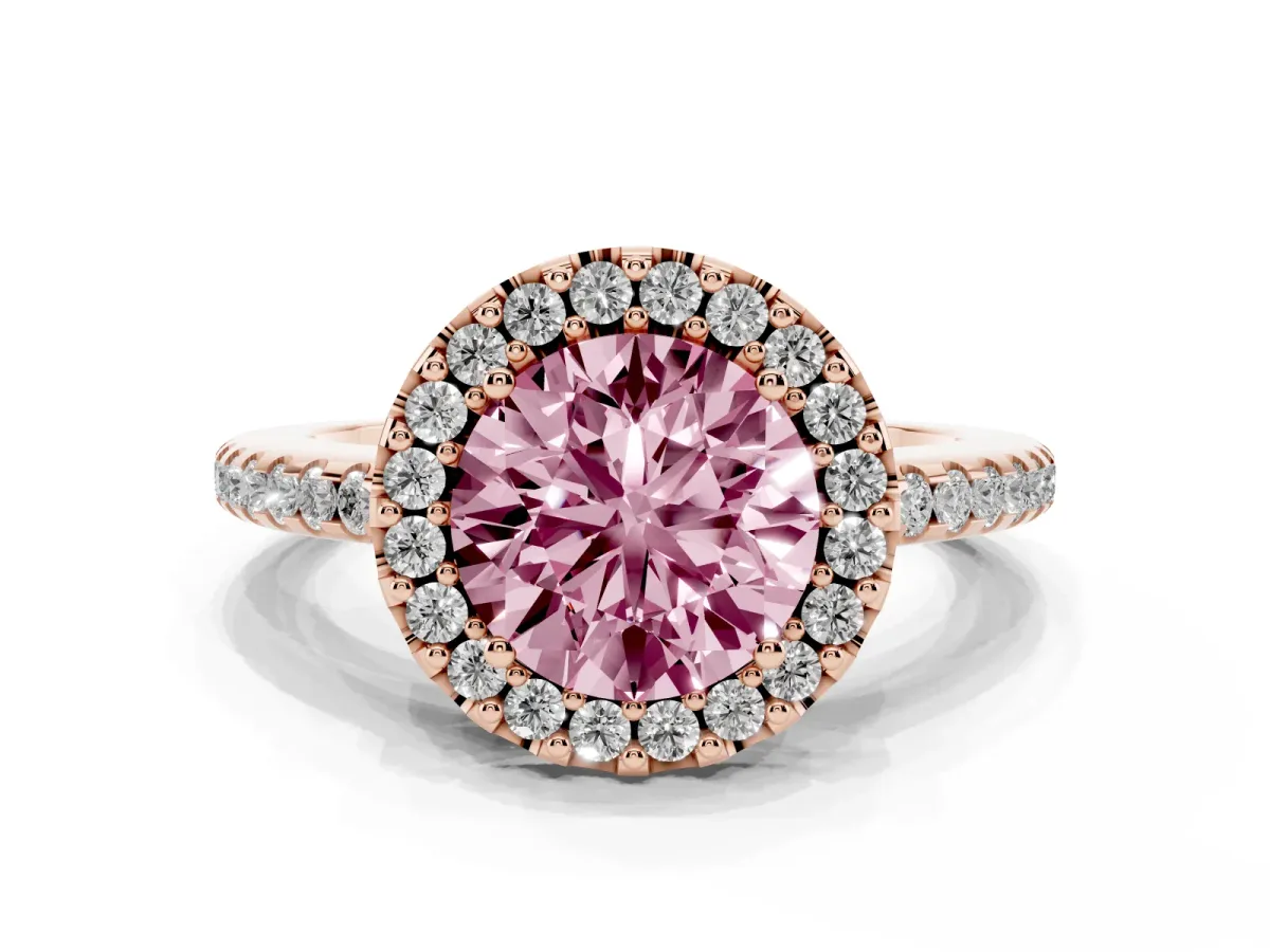 Fancy Pink Round Cut Diamond Pavé Halo Ring with Four-Prong Setting Rose gold
