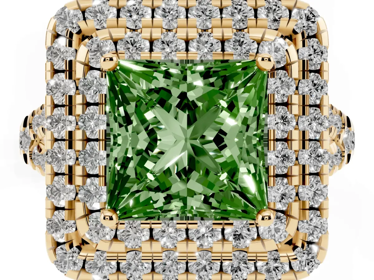 Fancy Green Double Halo Princess Cut Diamond Pavé Split Shank Ring with Prong Setting Yellow gold