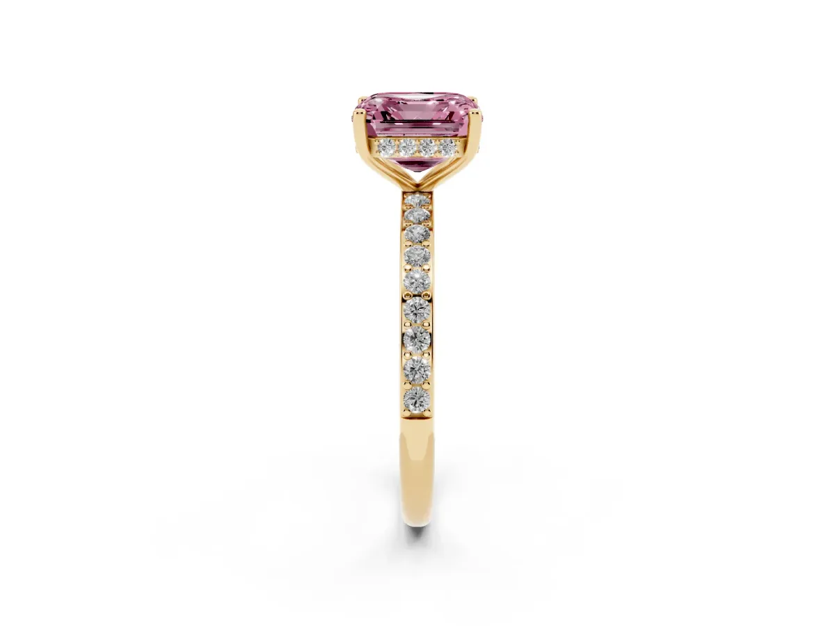 Fancy Pink Asscher Cut Cut Diamond Pavé Band Ring with Four-Prong Setting Yellow gold