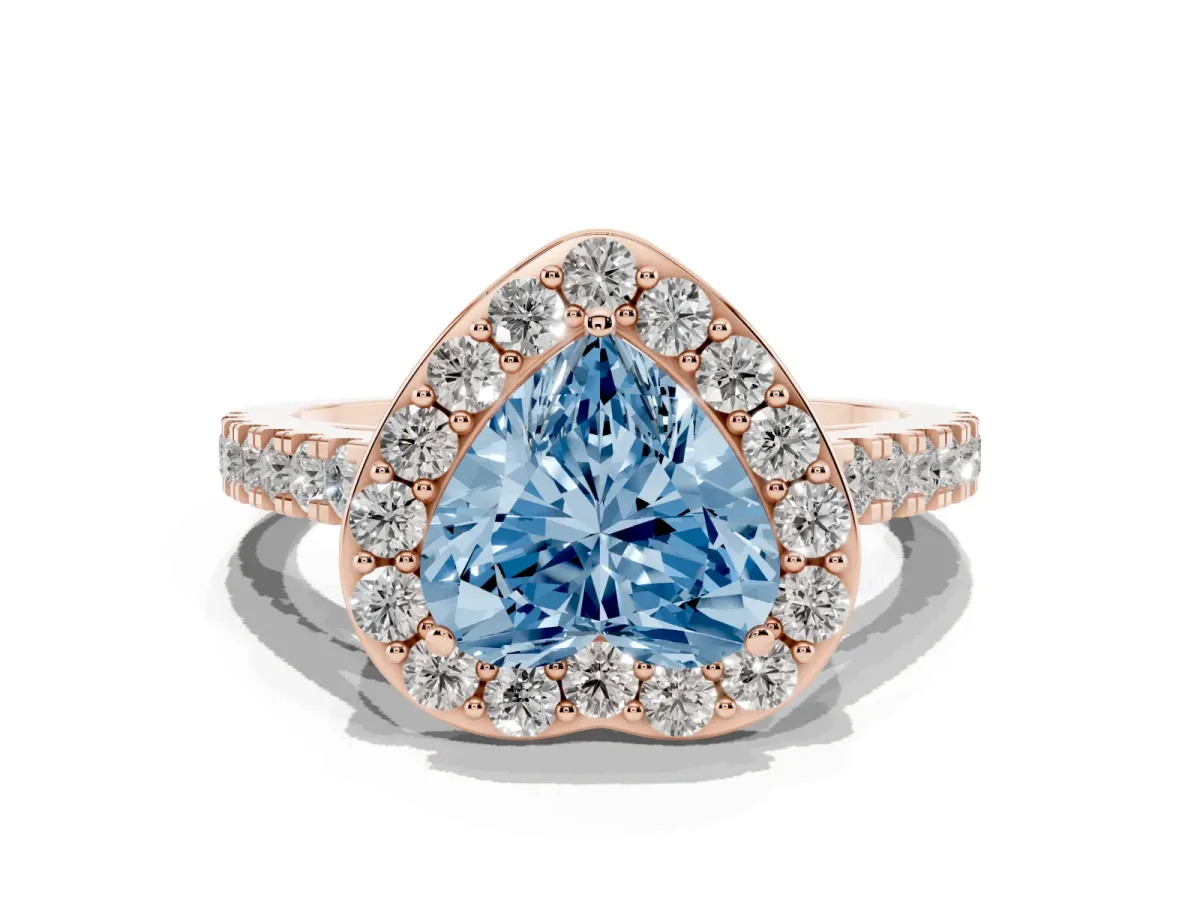 Fancy Blue Heart Cut Diamond Halo Ring with Round Pavé Split Shank and Prong Setting Rose gold