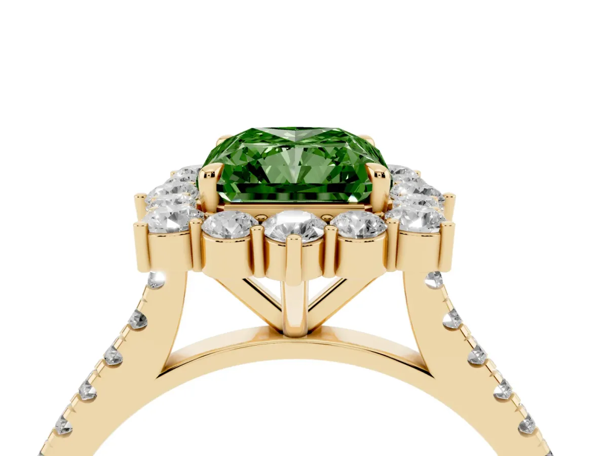 Fancy Green Radiant Cut Halo Diamond Ring with Pavé Band and Prong Setting Yellow gold