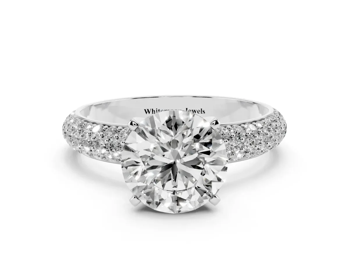 Round Cut Diamond Solitaire Ring with Prong Setting and Pavé Band Silver