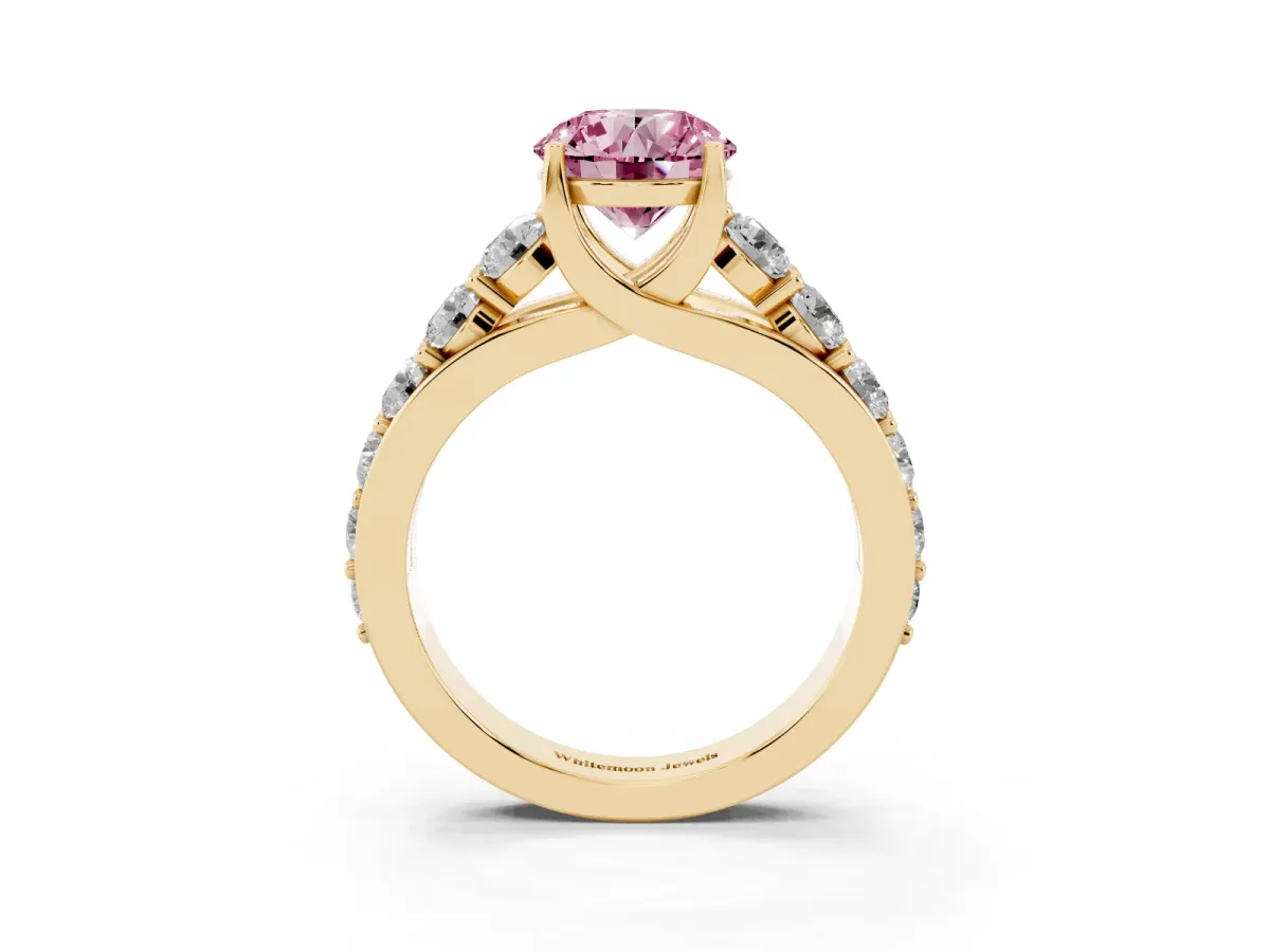 Fancy Pink Round Cut Diamond Engagement Ring with Pavé Band and Four-Prong Setting Yellow gold