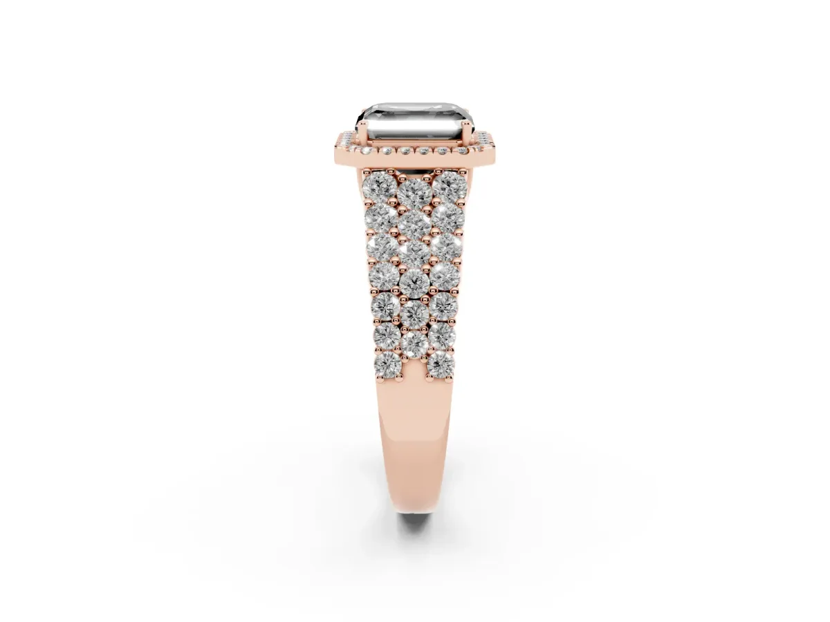 Fancy Black Asscher Cut Diamond Halo Engagement Ring with Triple Row Round Pavé Band and Prong Setting Rose gold