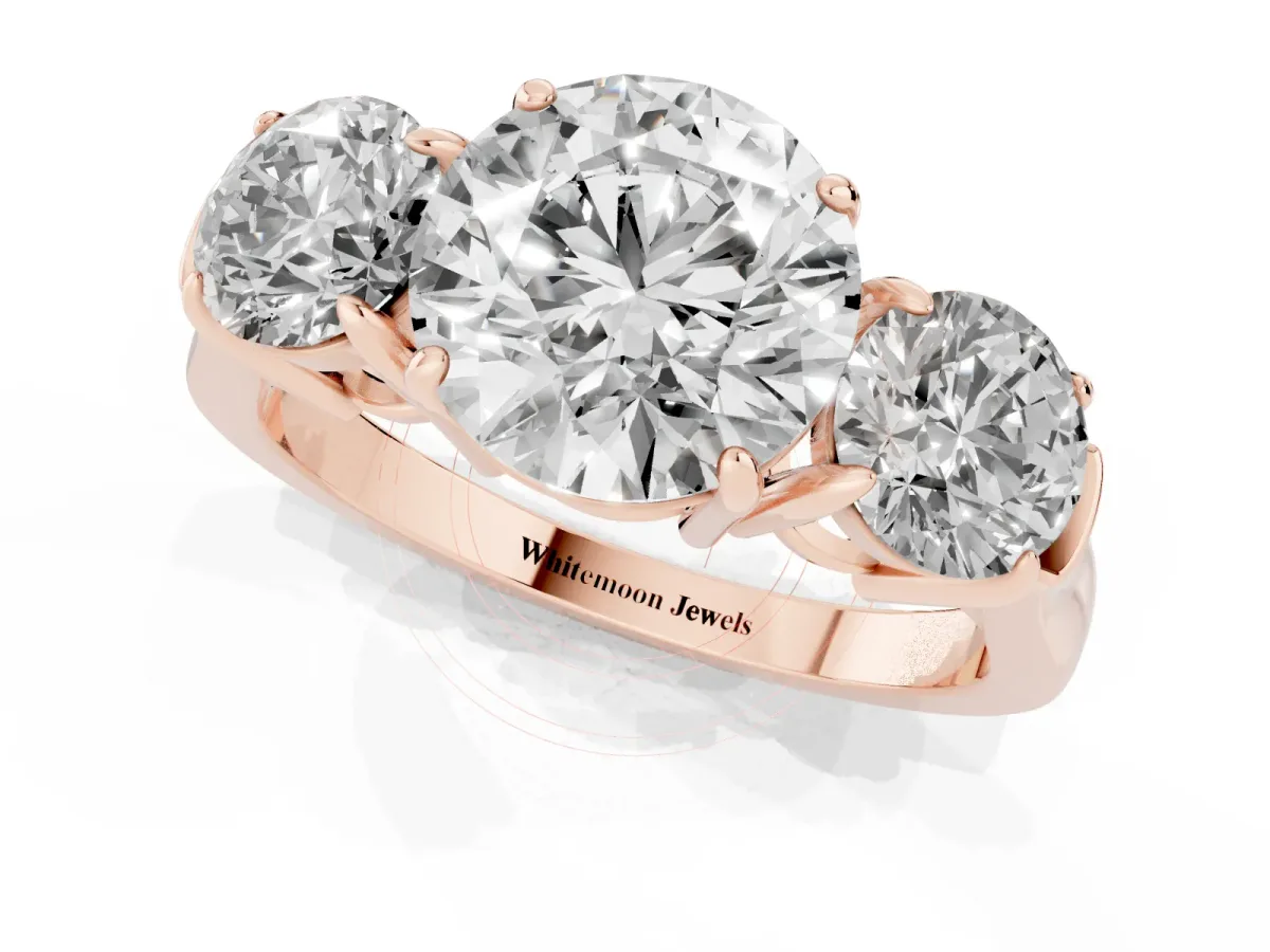 Three-Stone Round Cut Cut Diamond Ring with Round Accent Stones, Prong Setting, and Classic Band Rose gold