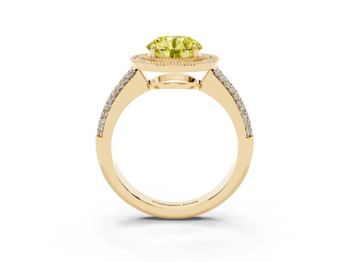 Fancy Yellow Round Cut Cut Halo Diamond Pave Band with Four-Prong Setting Yellow gold