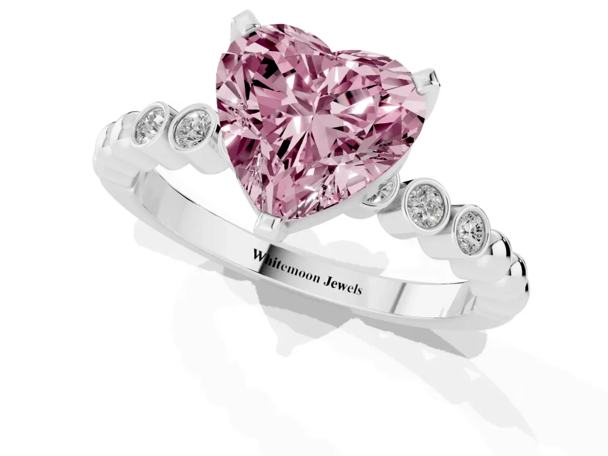 Fancy Pink Heart Cut Solitaire Bezel Accent Diamond Engagement Ring with Beaded Band and Four-Prong Setting Silver