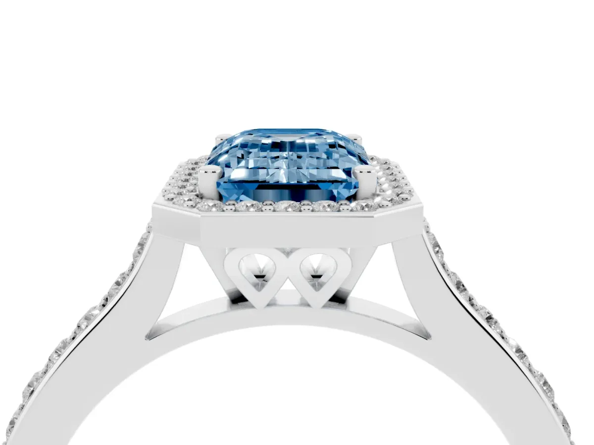 Fancy Blue Emerald Cut Diamond Halo Engagement Ring with Round Pavé Shoulders and Prong Setting Platinum