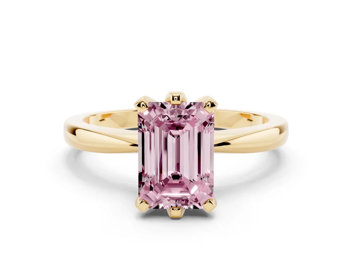 Fancy Pink Emerald Cut Solitaire Engagement Ring with Six-Prong Setting and Tapered Band Yellow gold