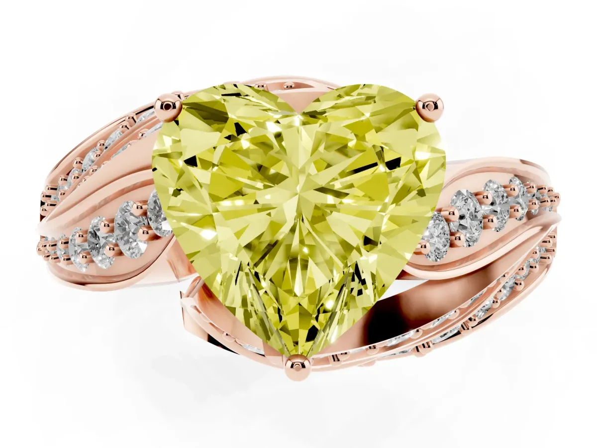 Fancy Yellow Heart Cut Diamond Solitaire Ring with Prong Setting and Twisted Pavé Band Rose gold