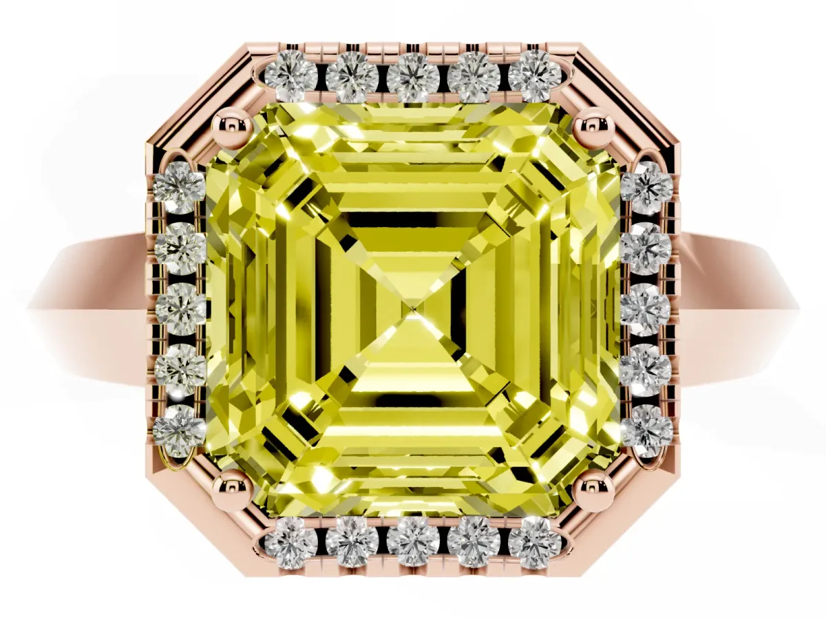 Fancy Yellow Asscher Cut Halo Diamond Ring with Cathedral Band and Four-Prong Setting Rose gold