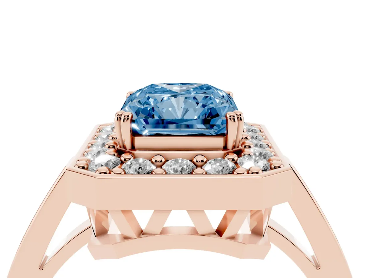 Fancy Blue Radiant Cut Diamond Halo Ring with Split Shank and Four-Prong Setting Rose gold