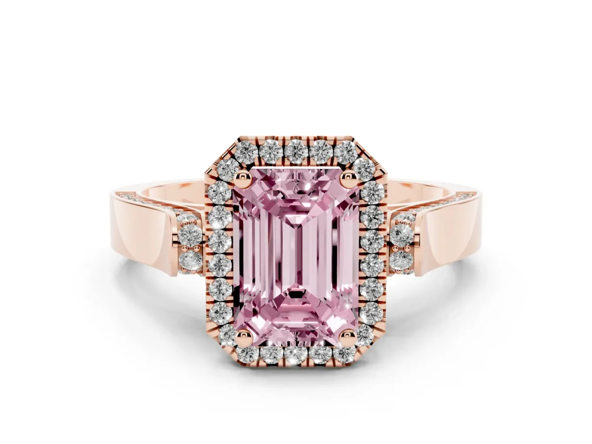 Fancy Pink Emerald Cut Halo Pave Split Shank Prong Setting Ring Rose gold