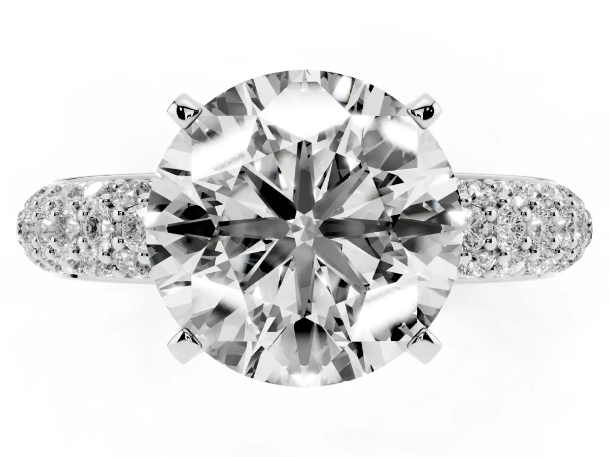 Round Cut Diamond Solitaire Ring with Prong Setting and Pavé Band Silver