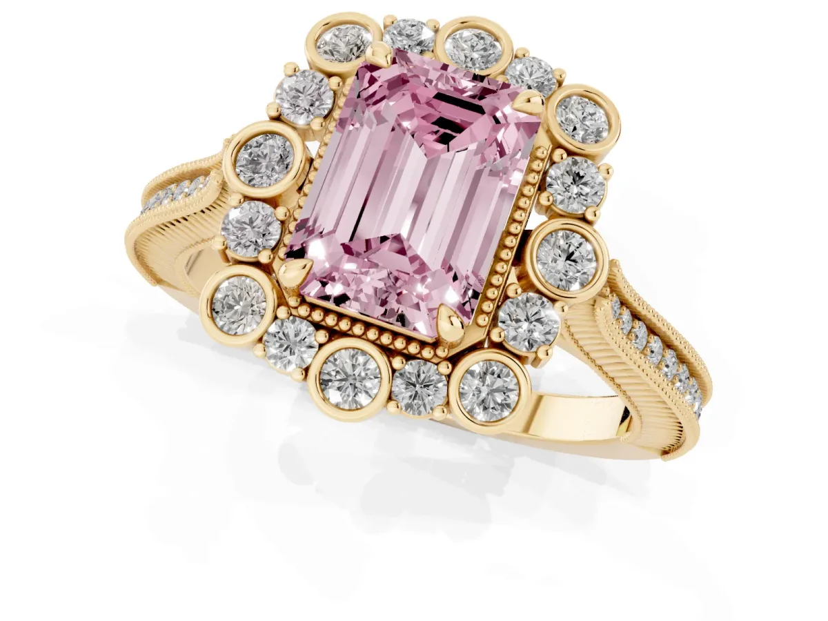 Fancy Pink Emerald Cut Halo Milgrain Pave Diamond Ring with Four-Prong Setting Yellow gold