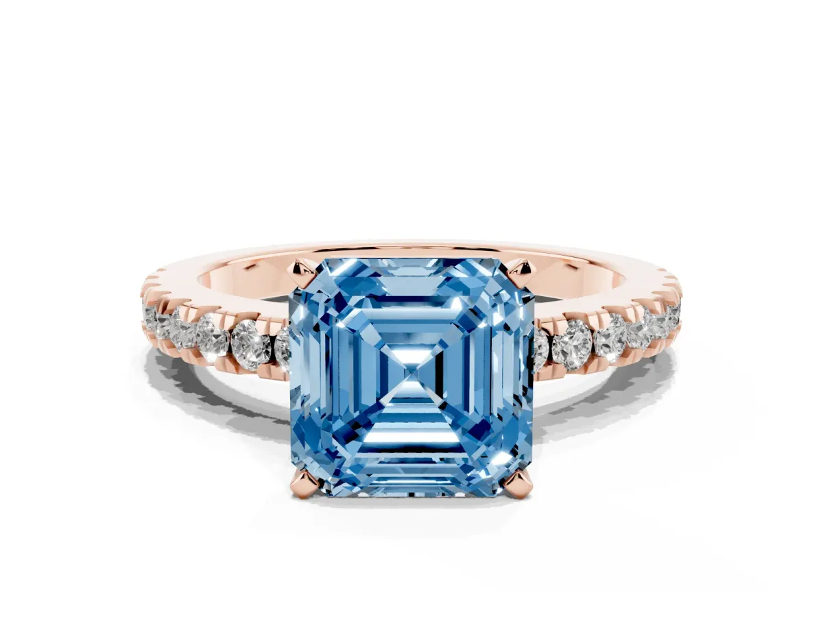 Fancy Blue Asscher Cut Solitaire Diamond with Pavé Band and Four-Prong Setting Rose gold