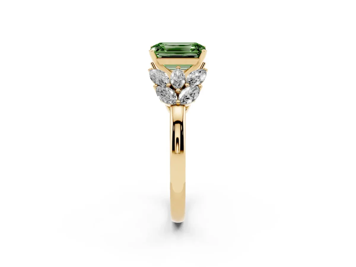Fancy Green Emerald Cut Diamond Cluster Leaf Design Ring with Prong Setting Yellow gold