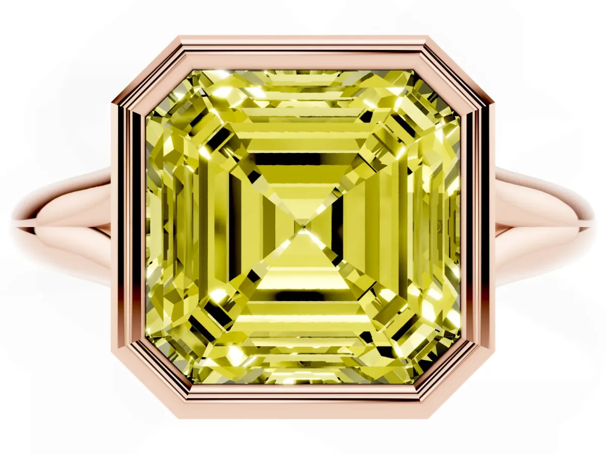 Fancy Yellow Bezel Set Asscher Cut Solitaire Diamond Ring with Smooth Band Rose gold