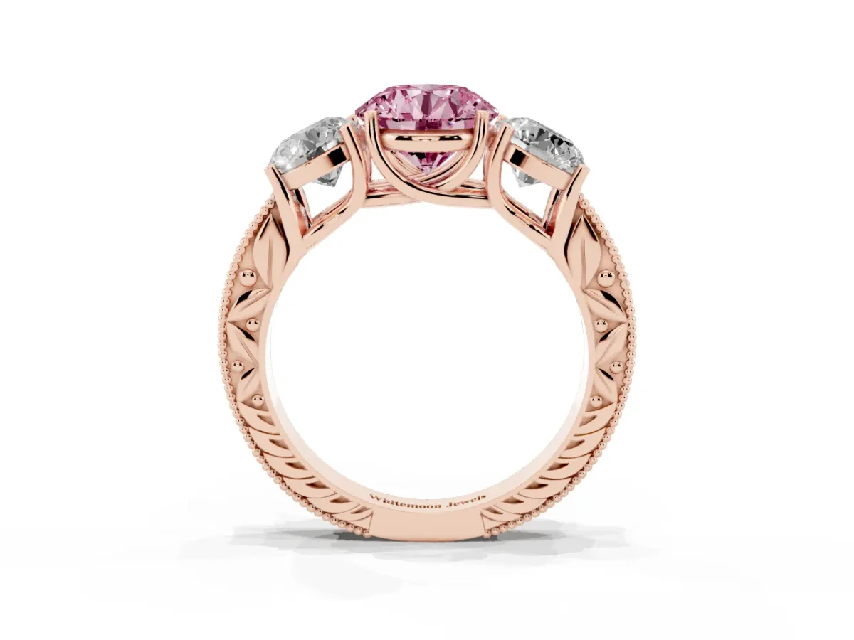 Fancy Pink Three-Stone Round Cut Cut Milgrain Pavé Engagement Ring Rose gold